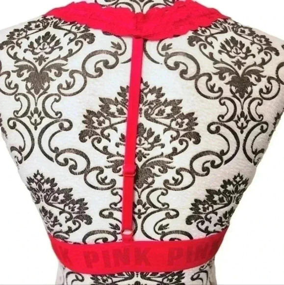 VICTORIA'S Secret Pink Bralette Lipstick Red Lace Logo Band T Back Women's Med - Picture 3 of 11